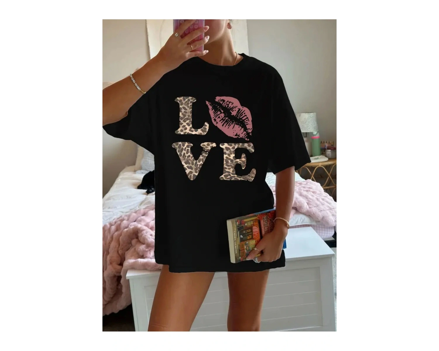 Kadın Fiyonk Leopar Baskılı Beyaz Siyah T-shirt Oversize