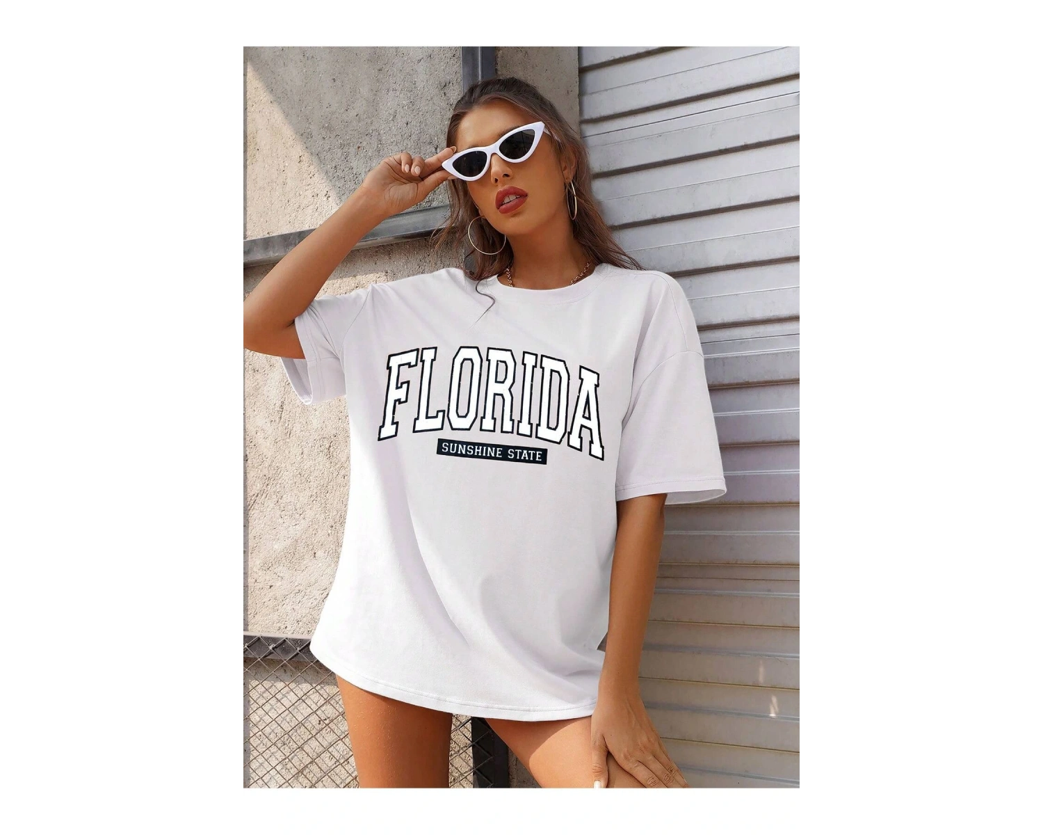 Kadın FLORİDA Renkli Özel Baskılı Renkli Oversize Bisiklet Yaka Penye T-Shirt