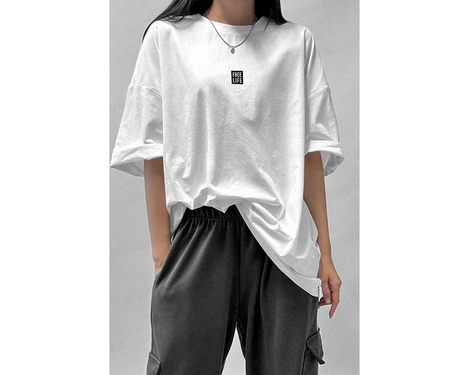 Kadın Free Life Beyaz Bisiklet Yaka Oversize Salas