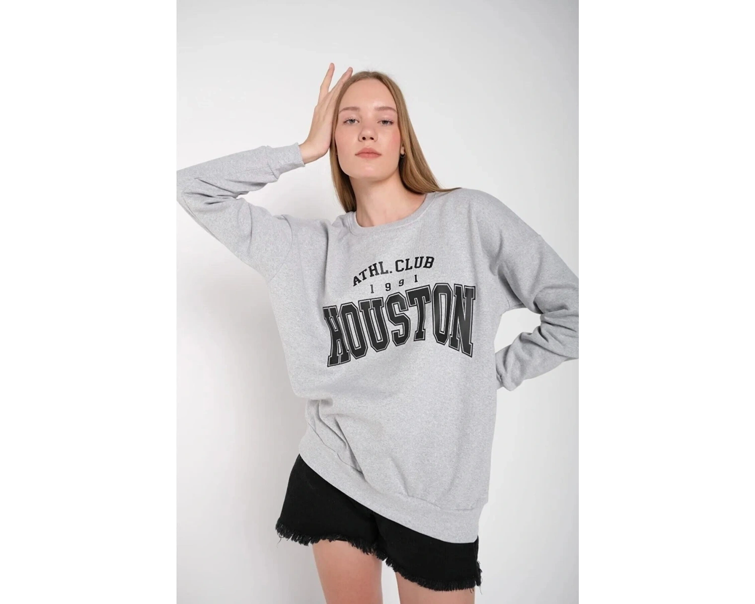 Kadın Gri Houston Baskılı Bisiklet Yaka Oversize Sweatshirt mdgnhouston