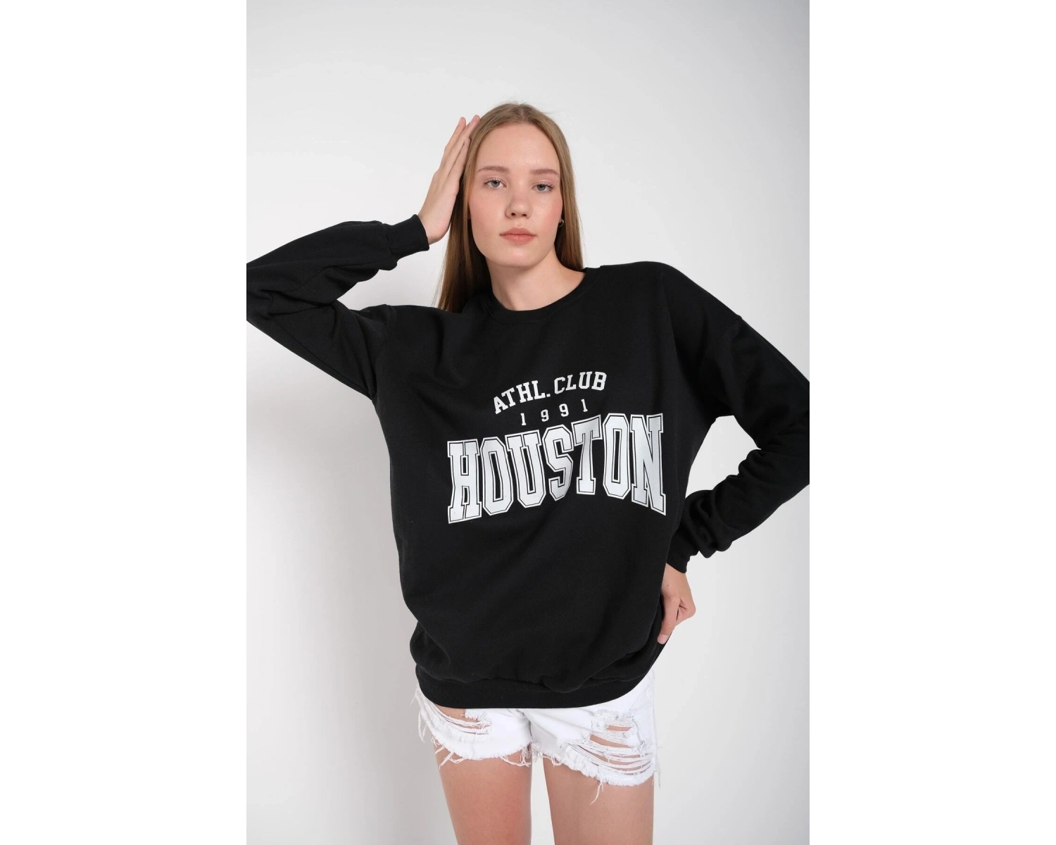 Kadın Gri Houston Baskılı Bisiklet Yaka Oversize Sweatshirt mdgnhouston