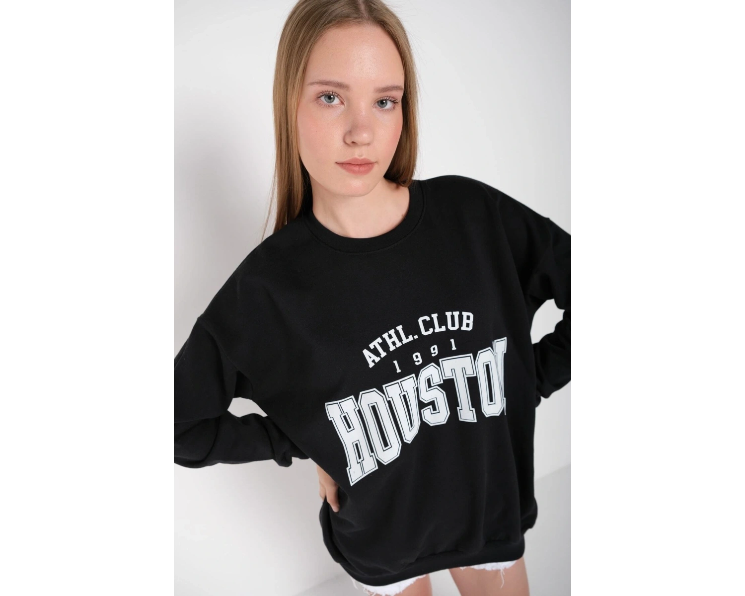Kadın Gri Houston Baskılı Bisiklet Yaka Oversize Sweatshirt mdgnhouston