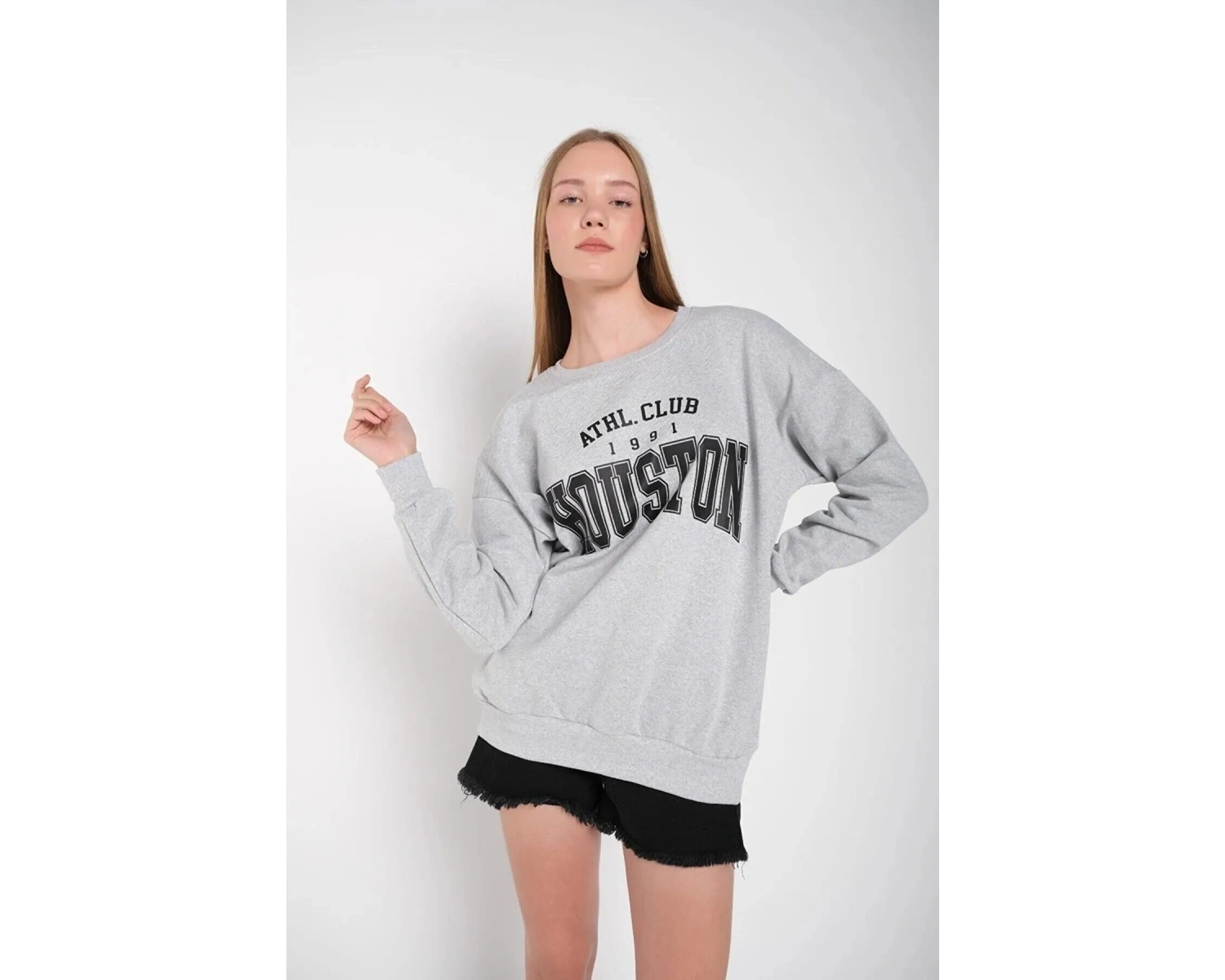 Kadın Gri Houston Baskılı Bisiklet Yaka Oversize Sweatshirt mdgnhouston