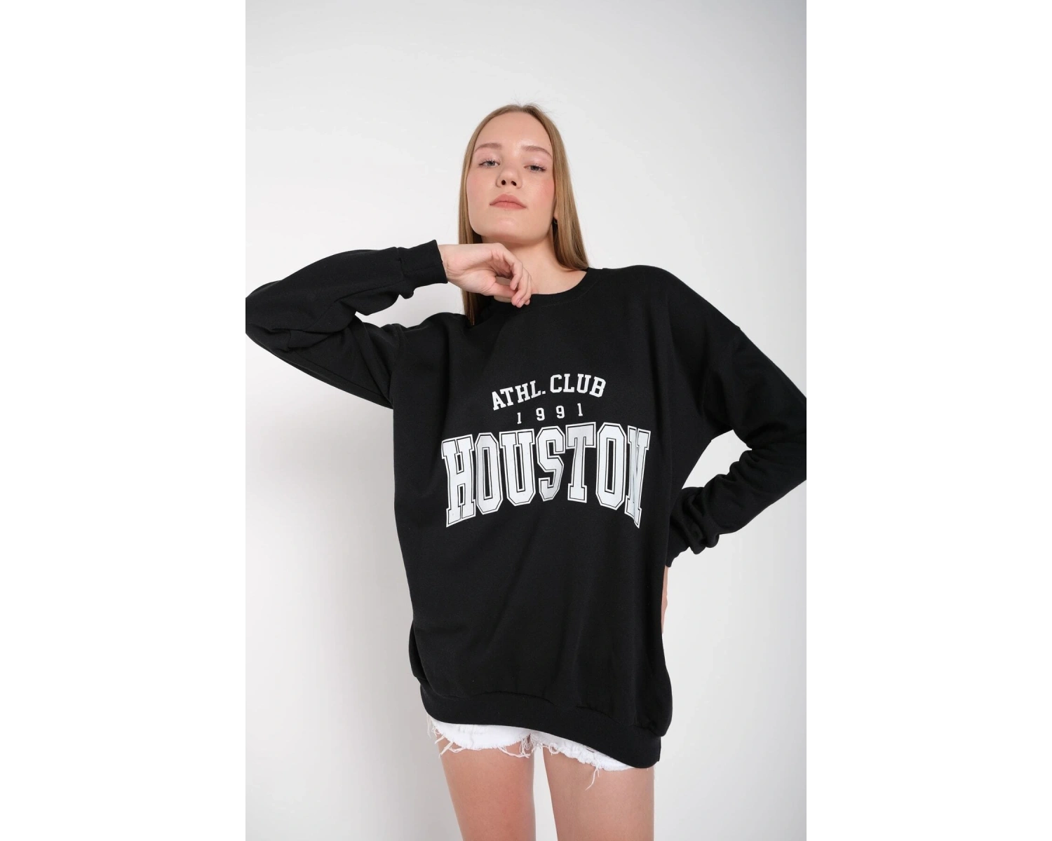 Kadın Gri Houston Baskılı Bisiklet Yaka Oversize Sweatshirt mdgnhouston