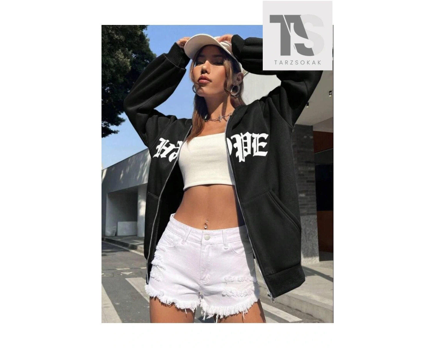 Kadın Hope Baskılı Fermuarlı Kapşonlu Oversize Siyah