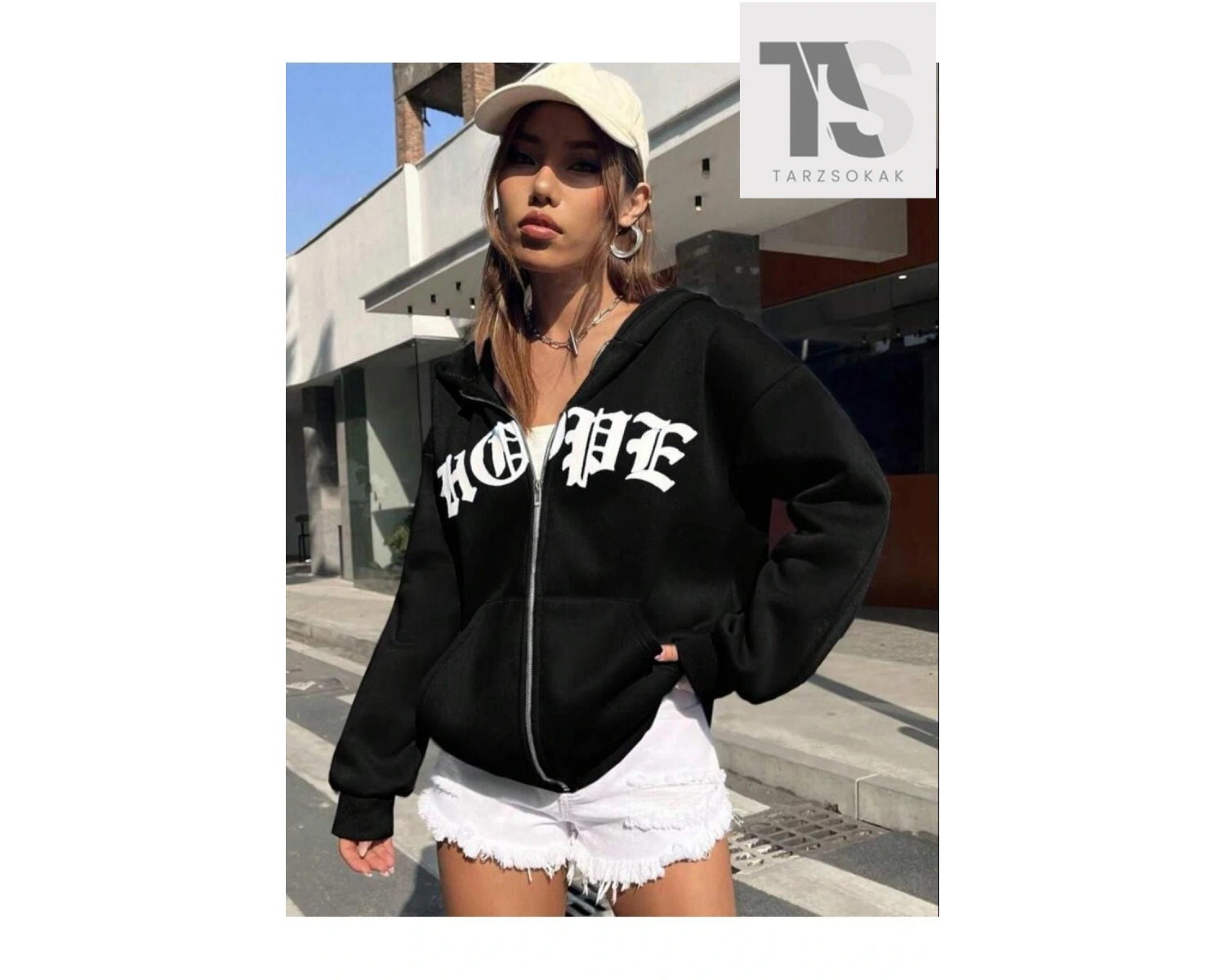 Kadın Hope Baskılı Fermuarlı Kapşonlu Oversize Siyah