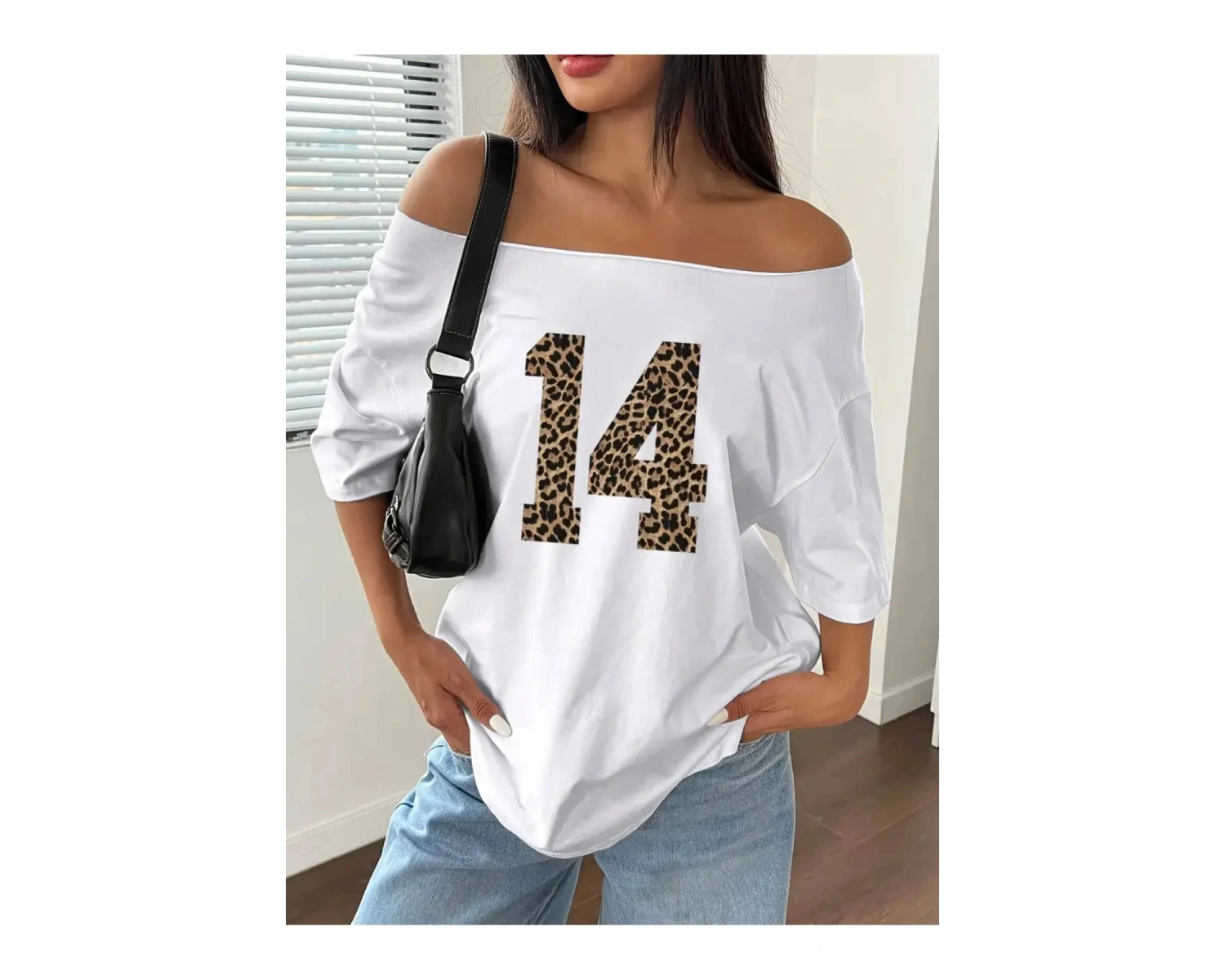 Kadın Kayık Yaka 14 Baskılı Oversize %100 Pamuk