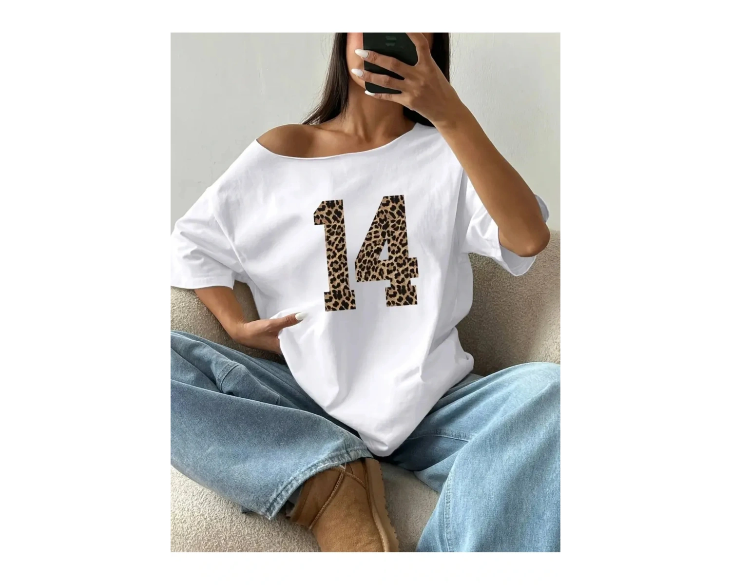 Kadın Kayık Yaka 14 Baskılı Oversize %100 Pamuk