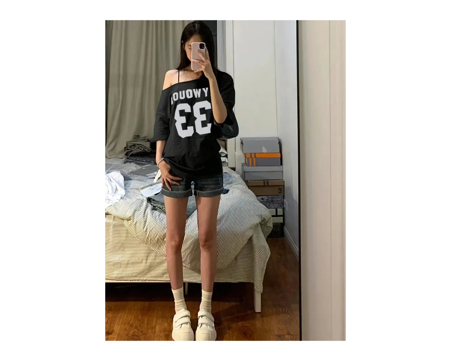 Kadın Kayık Yaka Oywouos Baskılı Oversize %100 Pamuk