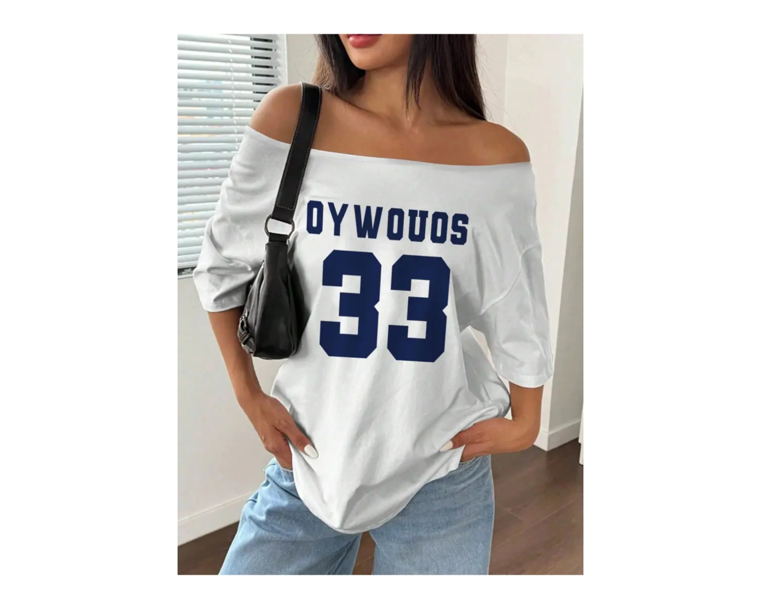 Kadın Kayık Yaka Oywouos Baskılı Oversize %100 Pamuk