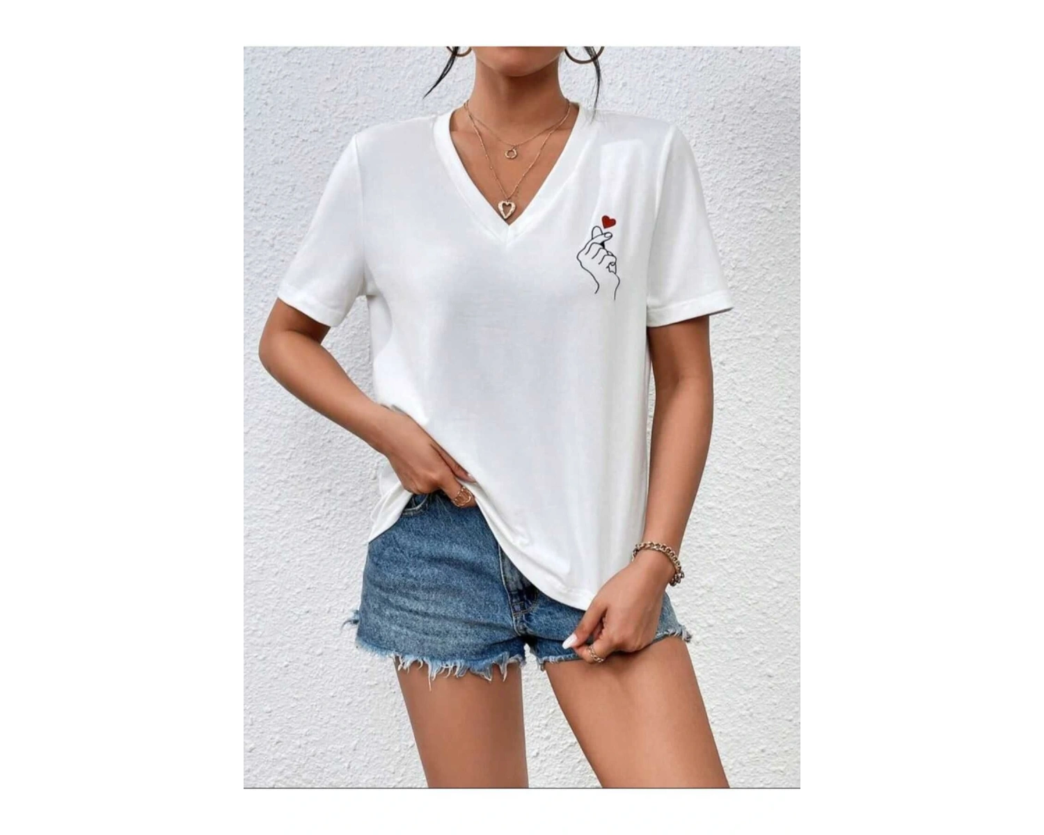 Kadın / Kız V Yaka El/kalp Baskılı Oversize T-shirt Salaş