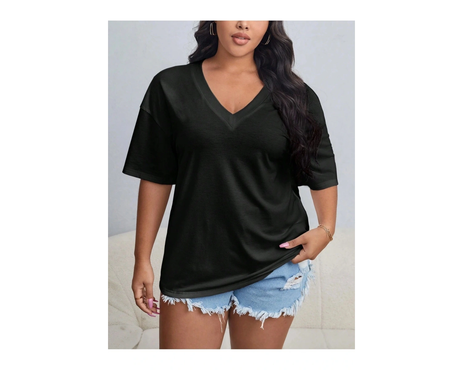 Kadın / Kız V Yaka Tüy Desen Baskılı Beyaz Oversize T-shirt Salaş