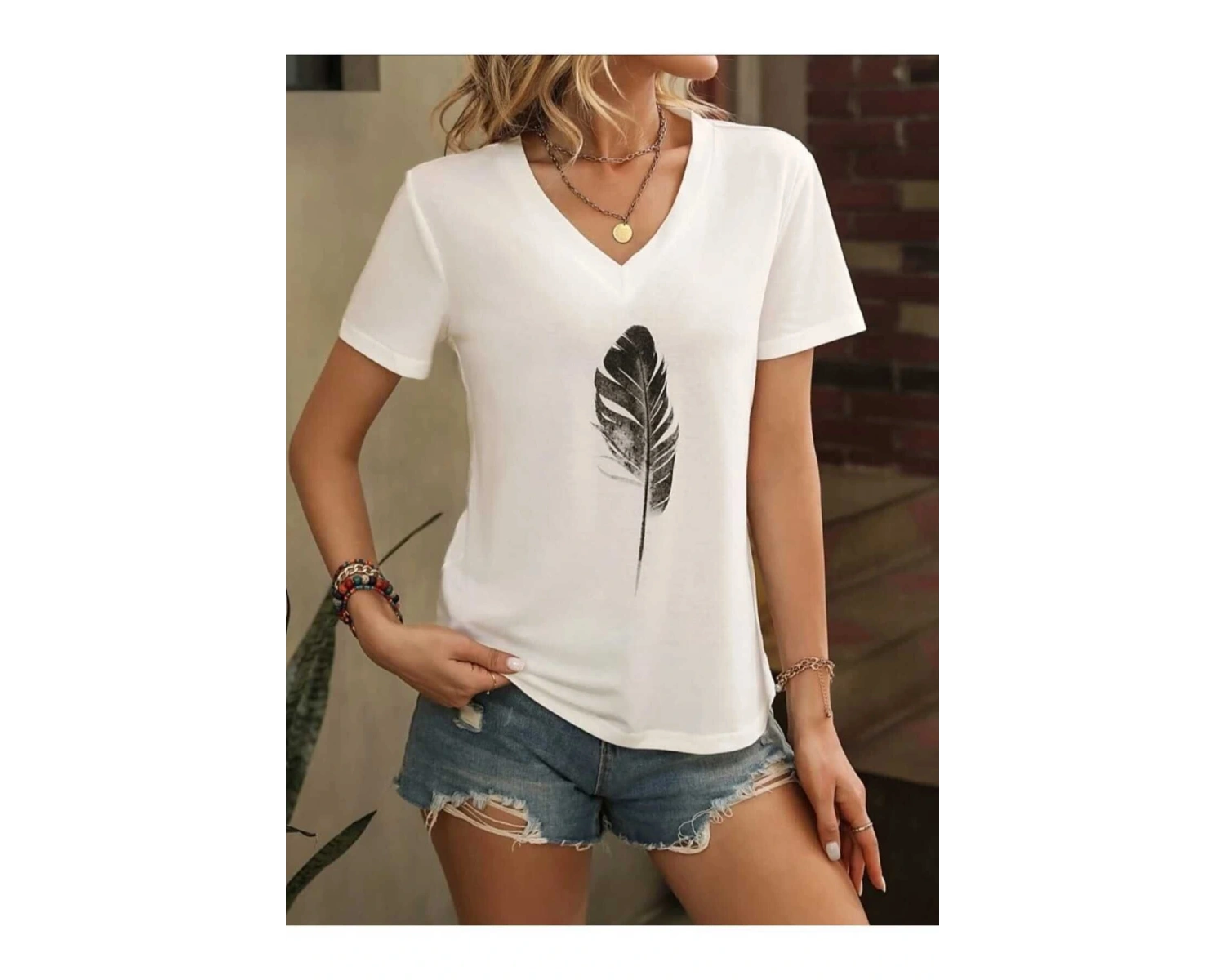 Kadın / Kız V Yaka Tüy Desen Baskılı Beyaz Oversize T-shirt Salaş