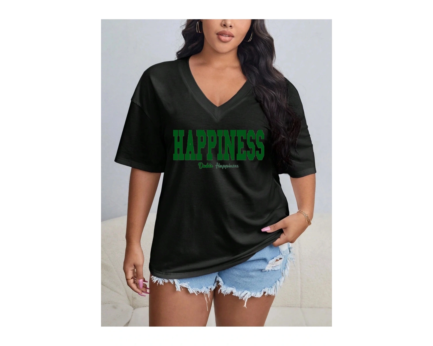 Kadın / Kız V Yaka Tüy Desen Baskılı Beyaz Oversize T-shirt Salaş