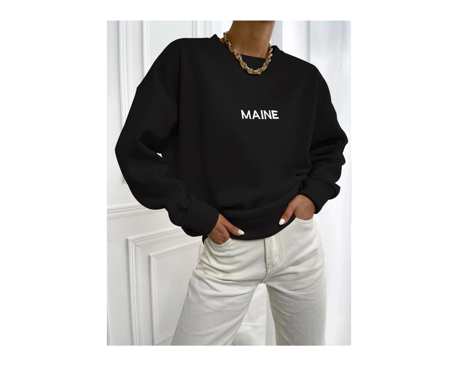 Kadın Maın Baskılı Oversize Bisiklet Yaka Sweatshirt Siyah