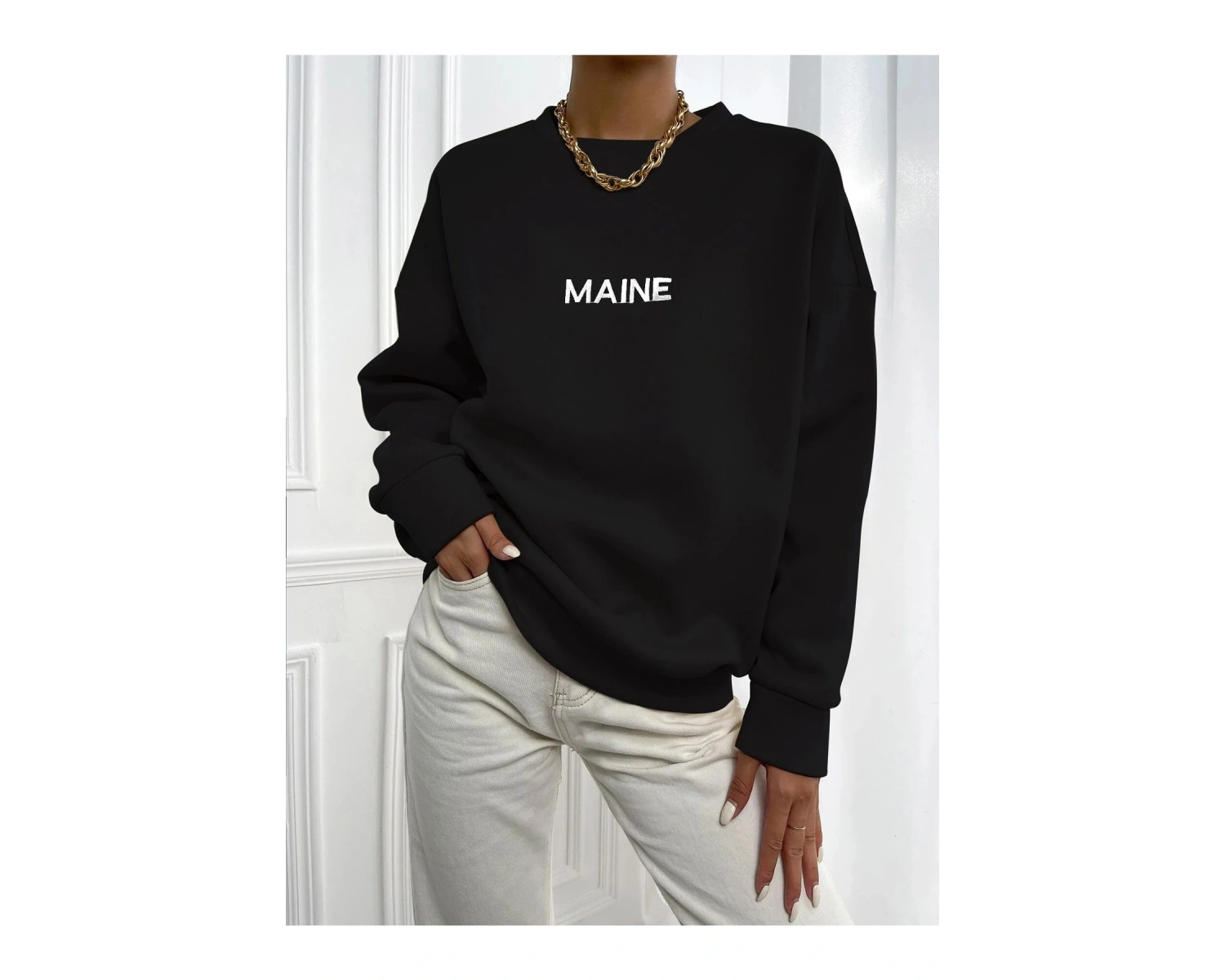 Kadın Maın Baskılı Oversize Bisiklet Yaka Sweatshirt Siyah