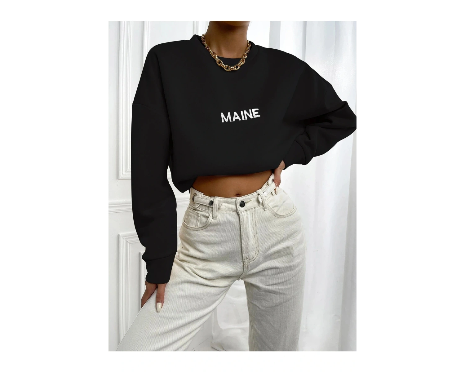 Kadın Maın Baskılı Oversize Bisiklet Yaka Sweatshirt Siyah