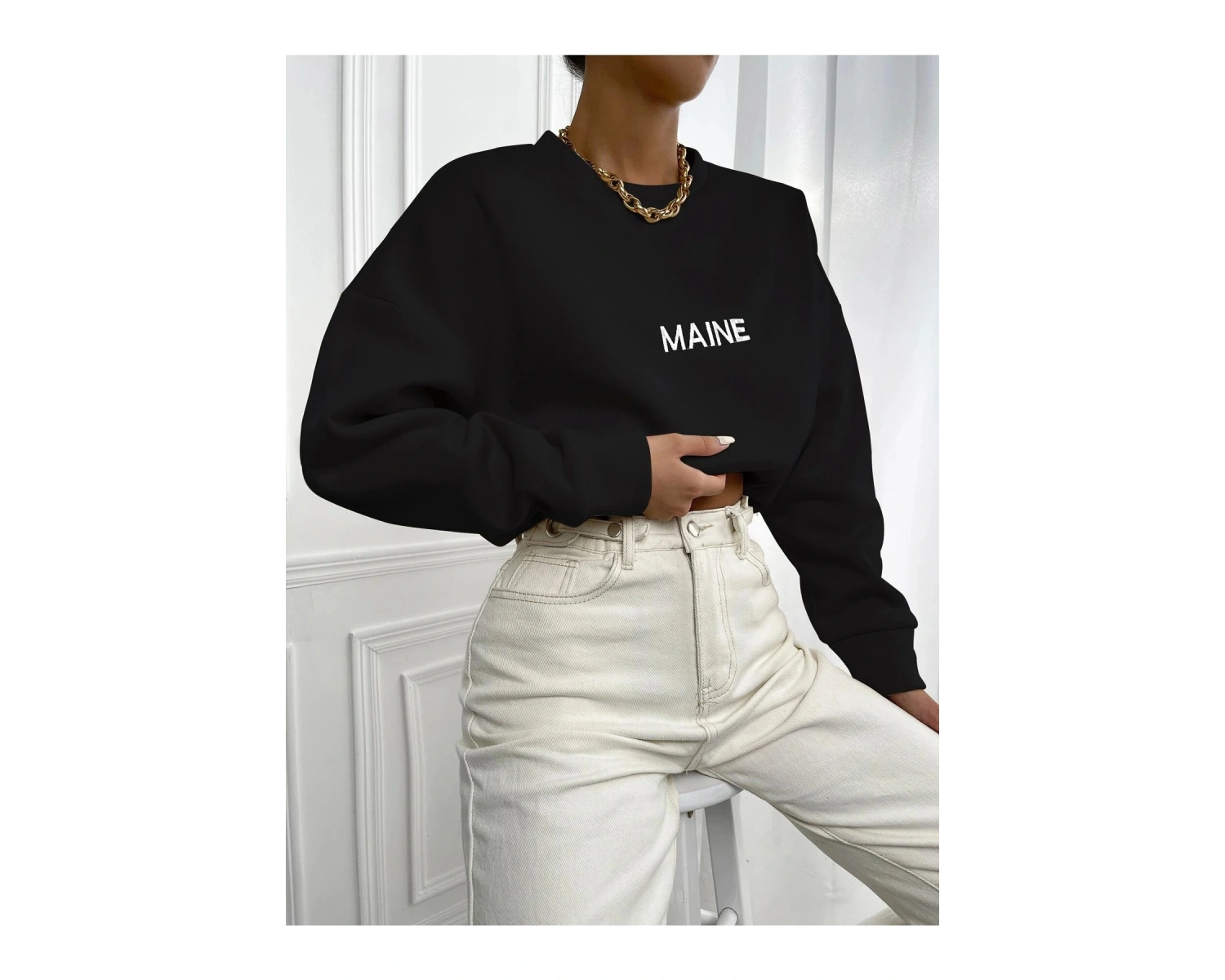 Kadın Maın Baskılı Oversize Bisiklet Yaka Sweatshirt Siyah