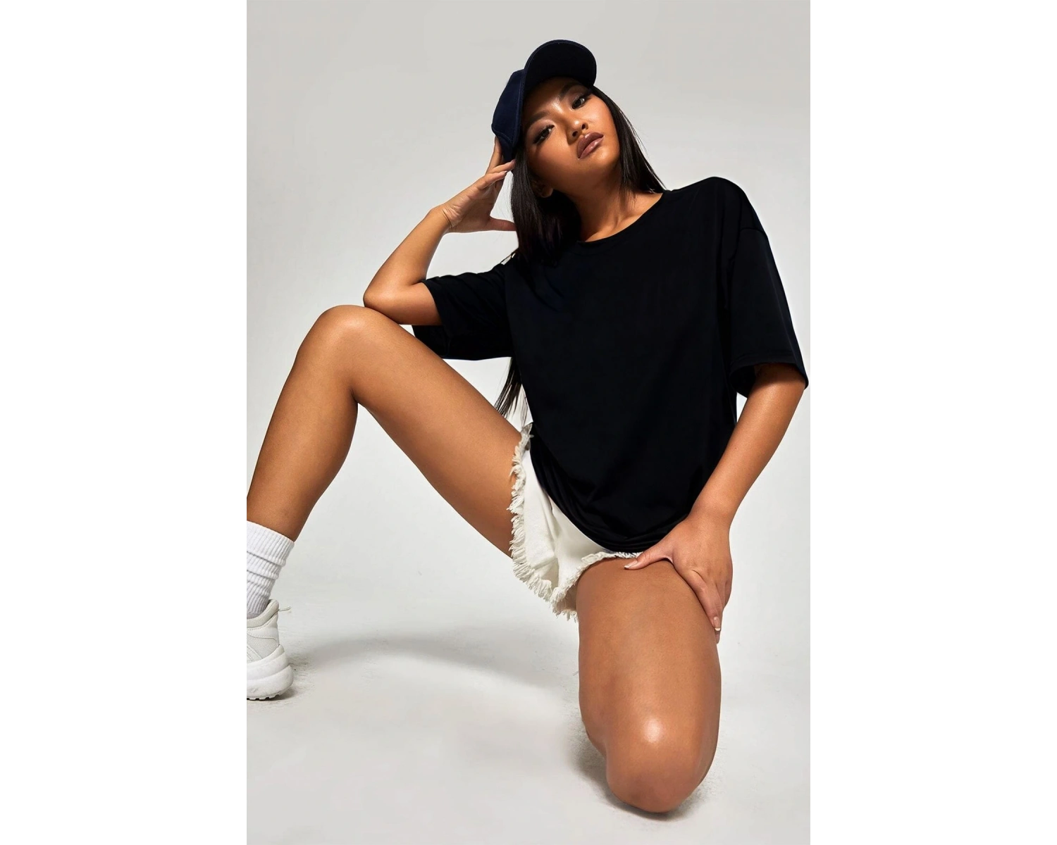 Kadın Oversize Basic Kısa Kollu Bisiklet Yaka