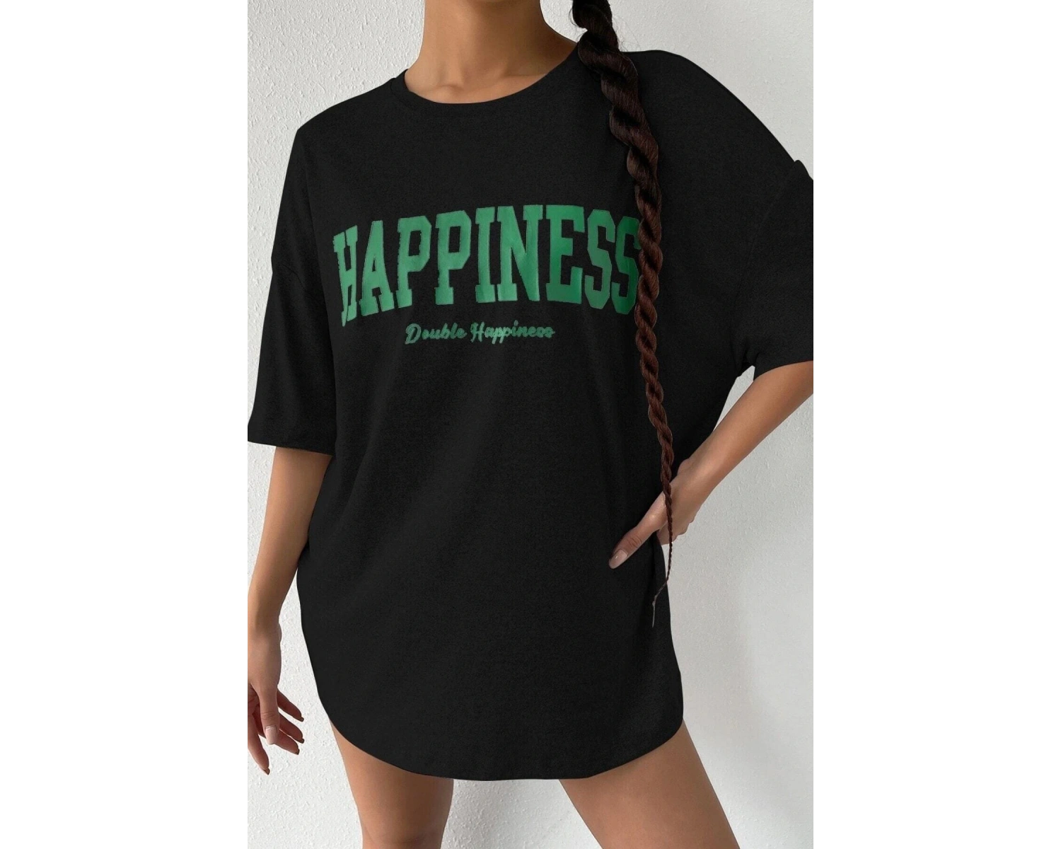 Kadın Oversize Hapiness Baskılı Siyah