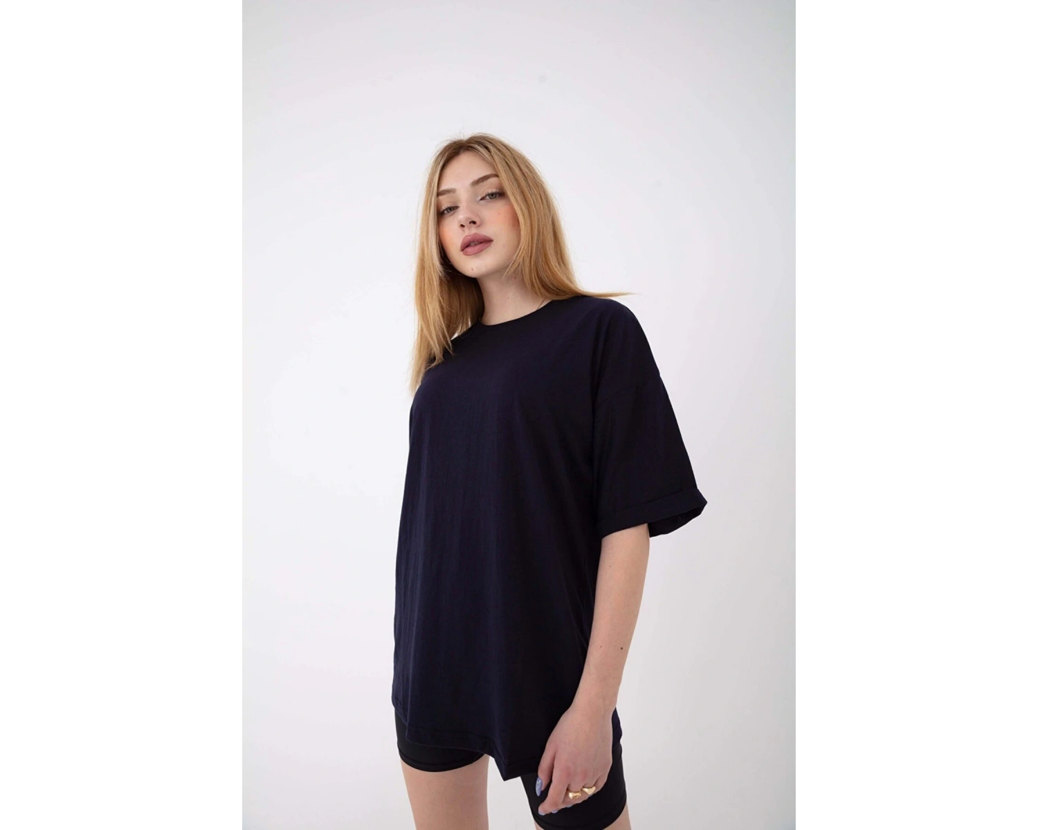 Kadın Oversize Kısa Kollu Bisiklet Yaka