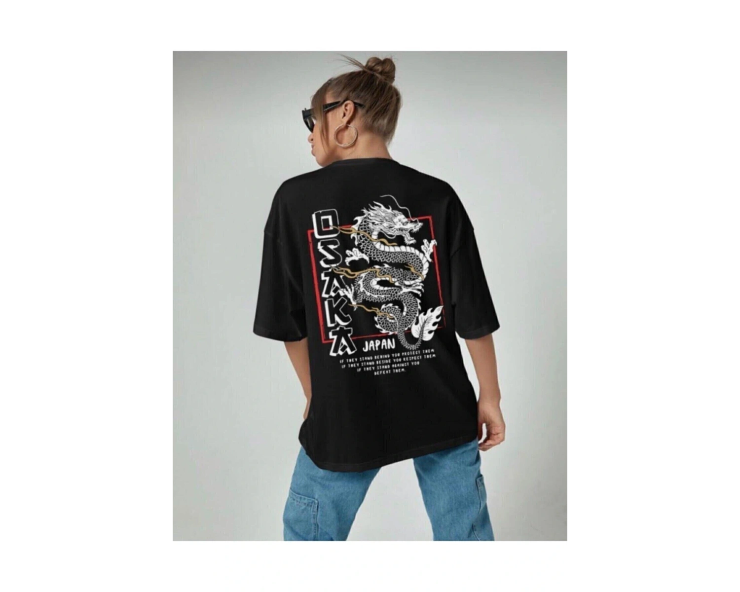 Kadın Oversize Osaka Baskılı Siyah Tshirt