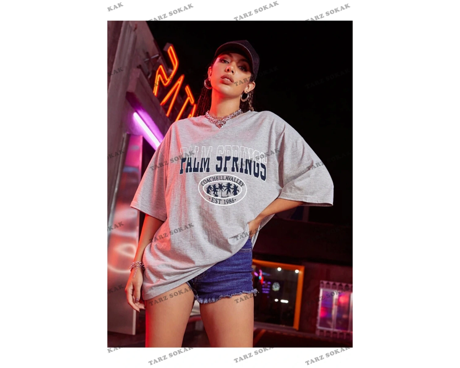 Kadın Palm Springs Siyah Baskılı Oversize