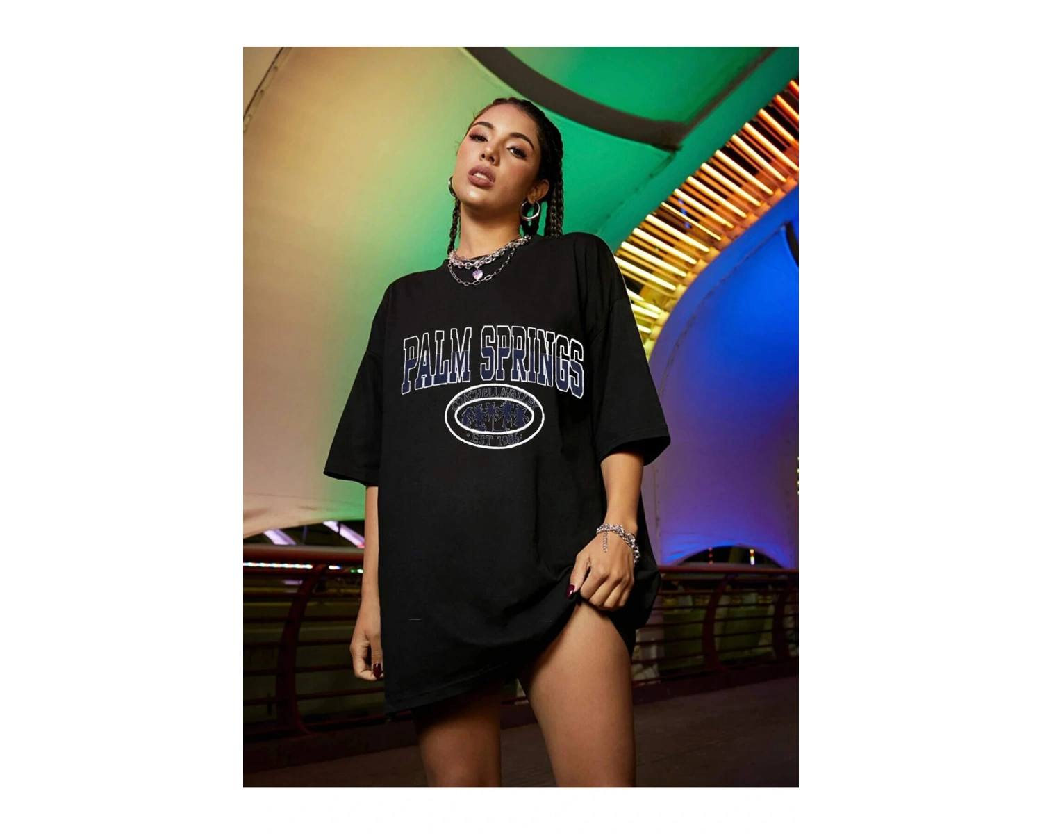 Kadın Palm Springs Siyah Baskılı Oversize Tshırt