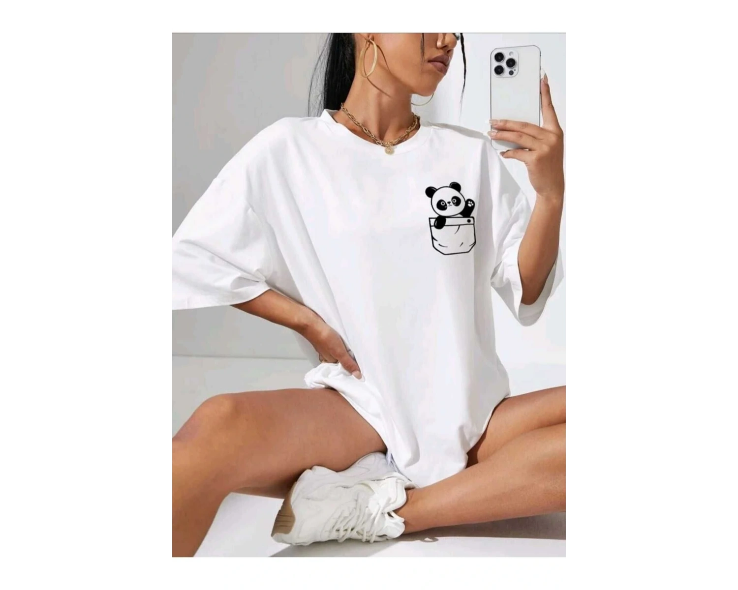 Kadın Panda Baskılı Bej Beyaz T-shirt Oversize