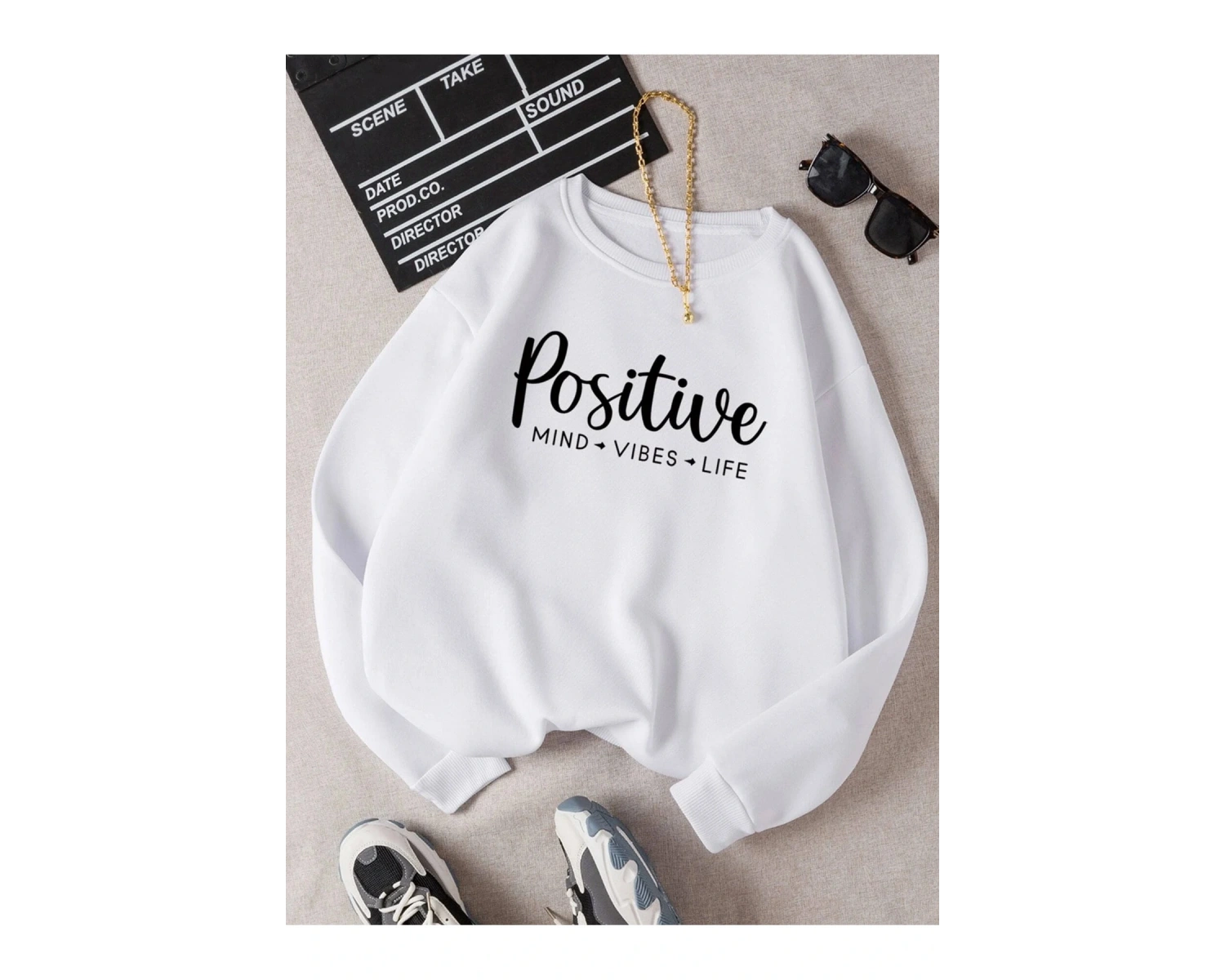 Kadın Positive Renkli Oversize Bisiklet Yaka Pamuklu Sweatshirt Beyaz