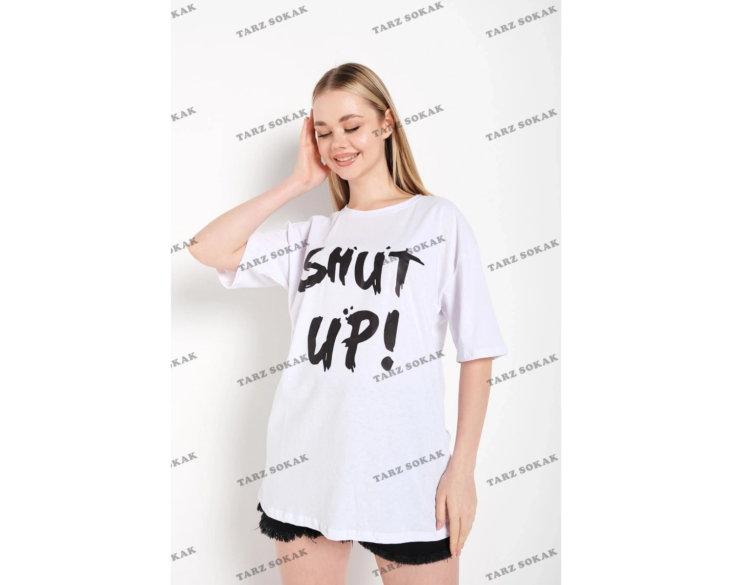 Kadın Shut Up Beyaz Baskılı Oversize