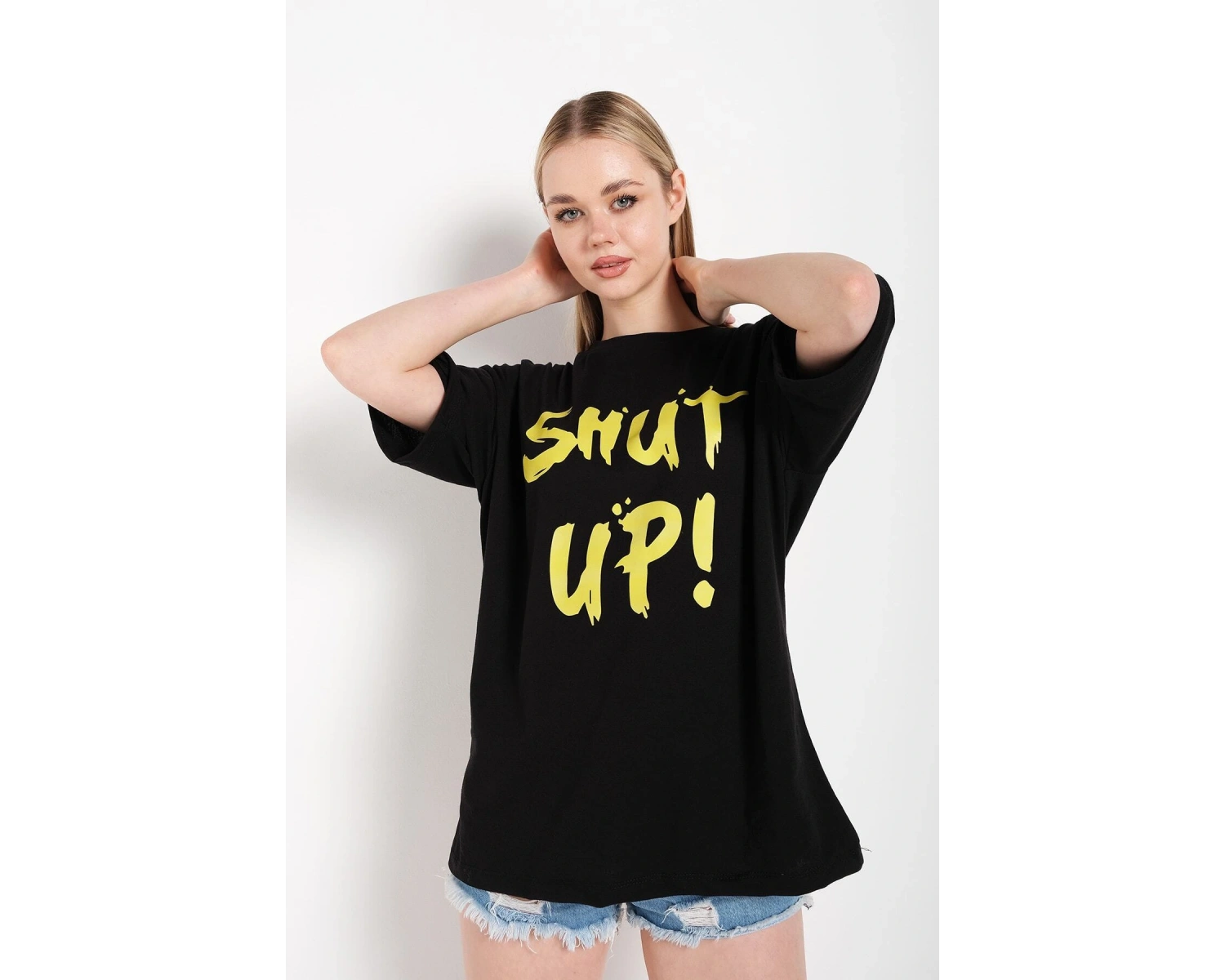 Kadın Shut Up Beyaz Baskılı Oversize Tshırt