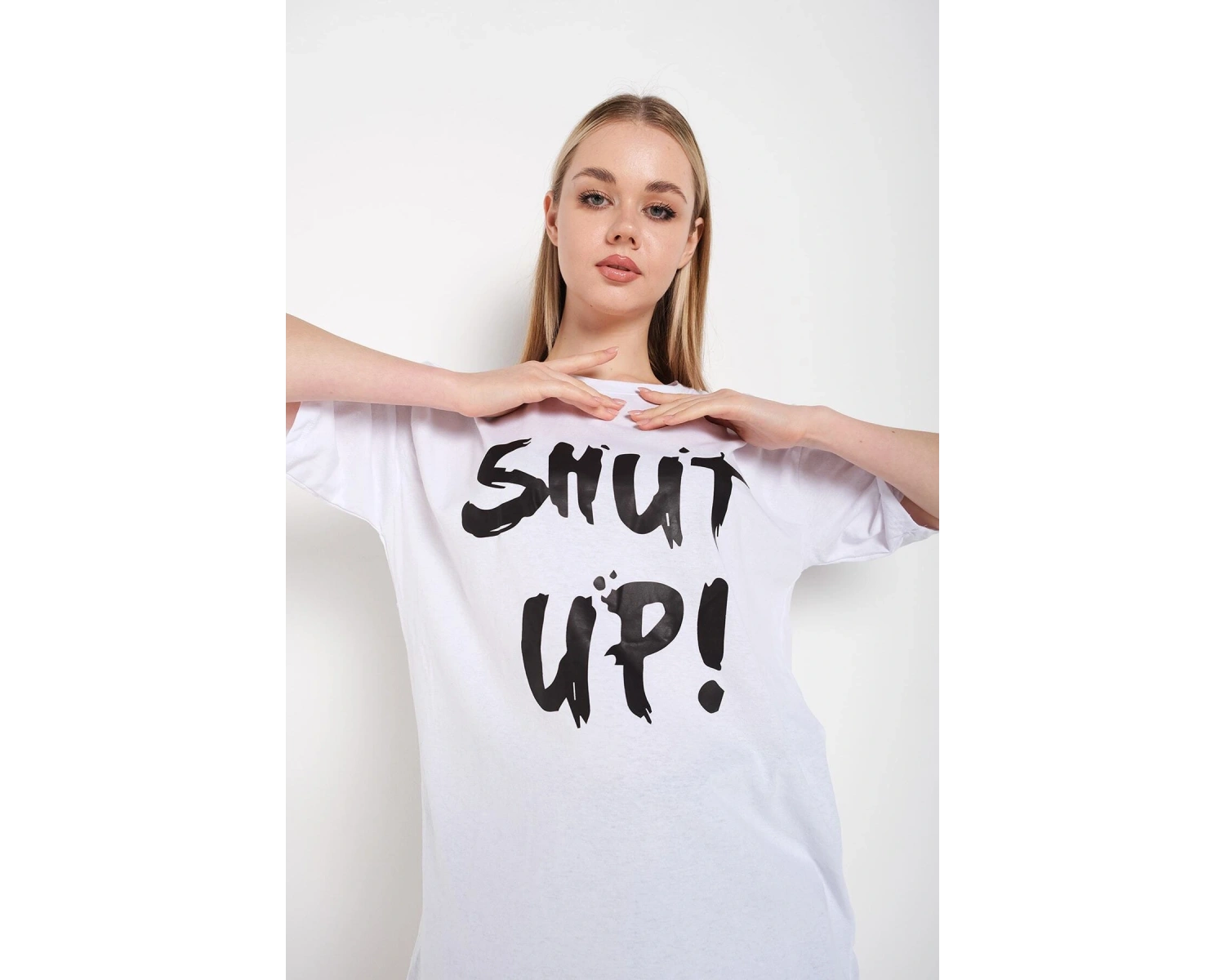 Kadın Shut Up Beyaz Baskılı Oversize Tshırt