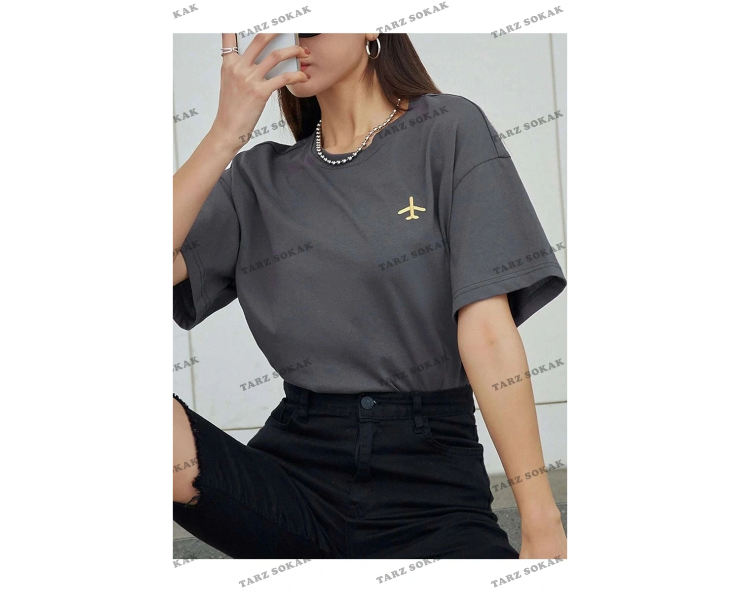 Kadın Siyah Airplane Baskılı Oversize