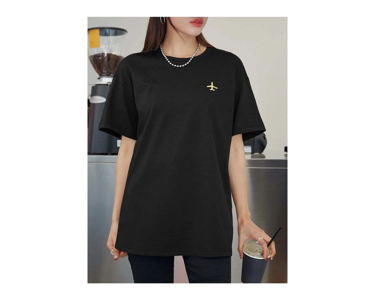 Kadın Siyah Airplane Baskılı Oversize T-shirt