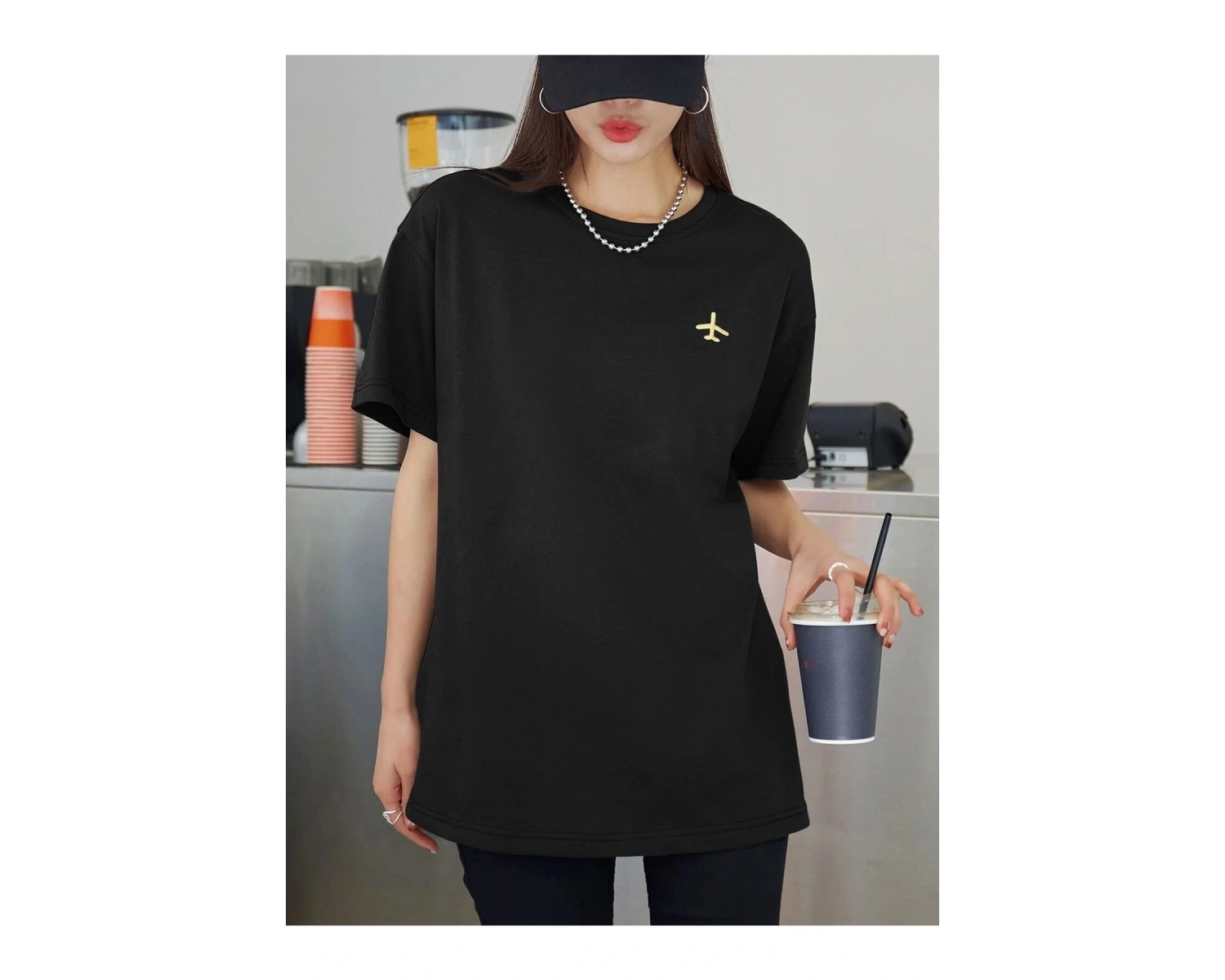 Kadın Siyah Airplane Baskılı Oversize T-shirt