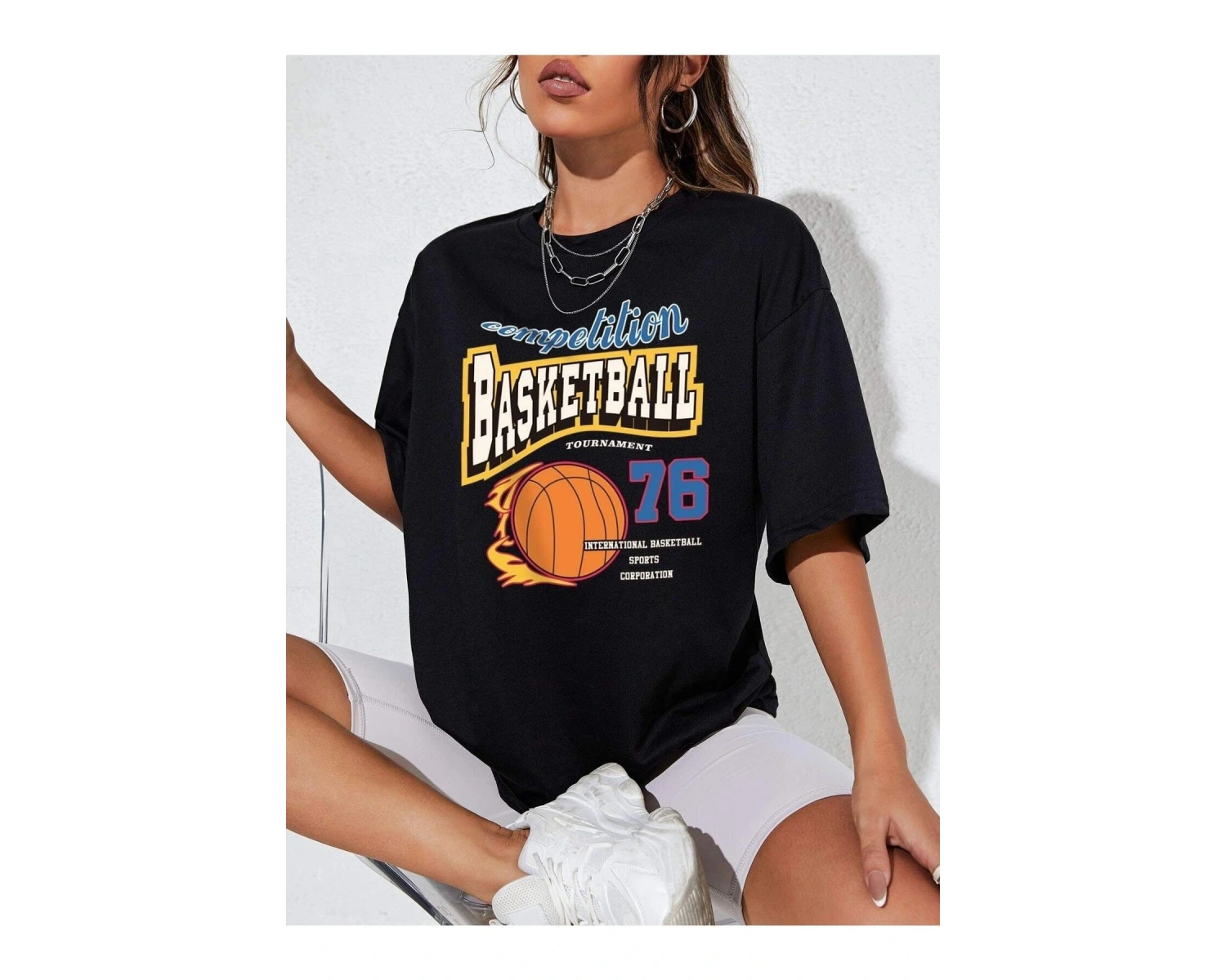 Kadın Siyah Basketball Tournament Baskılı Oversize Tişört