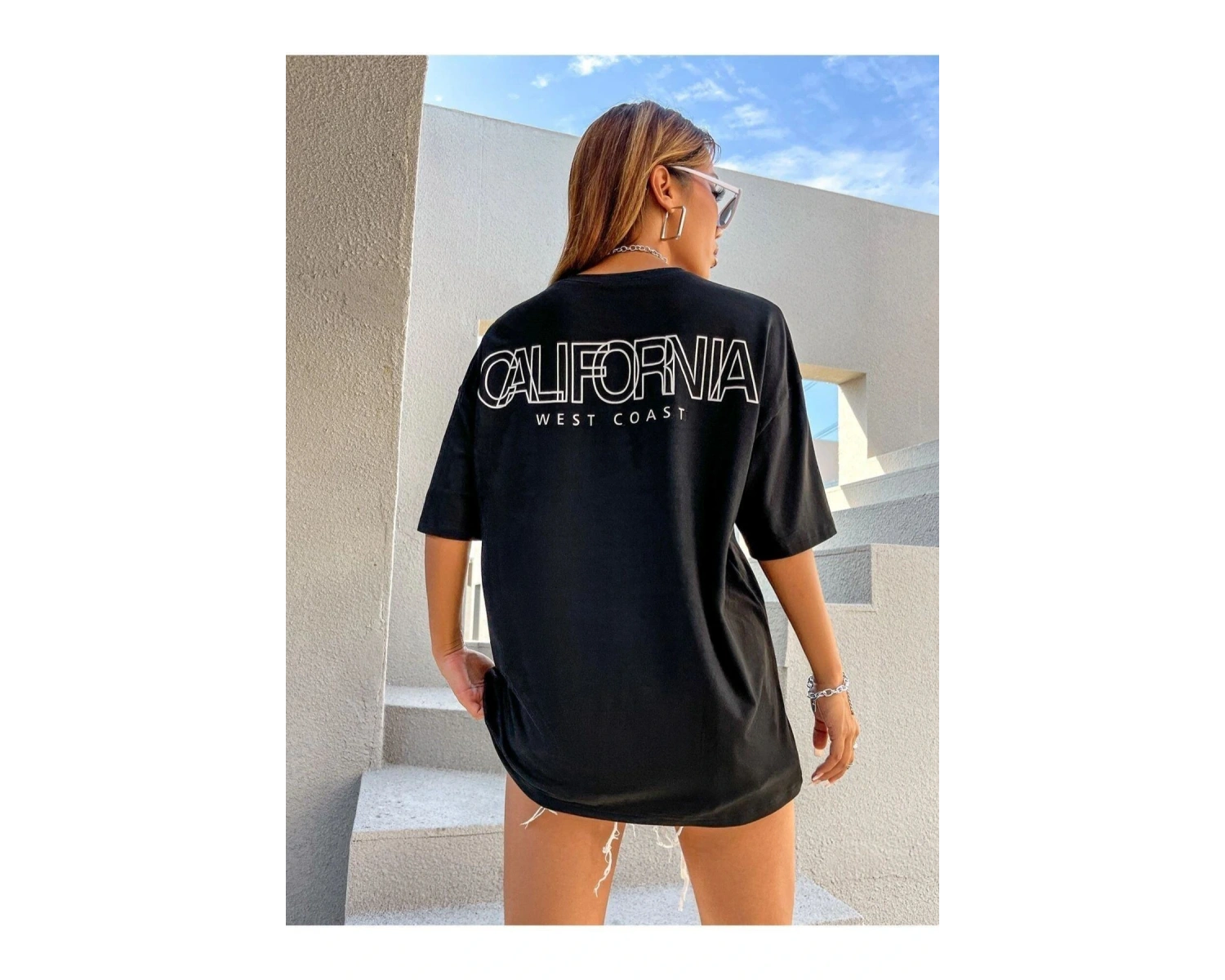 Kadın Siyah Calıfornıa West Coats Baskılı Oversize Bisiklet Yaka Tshirt