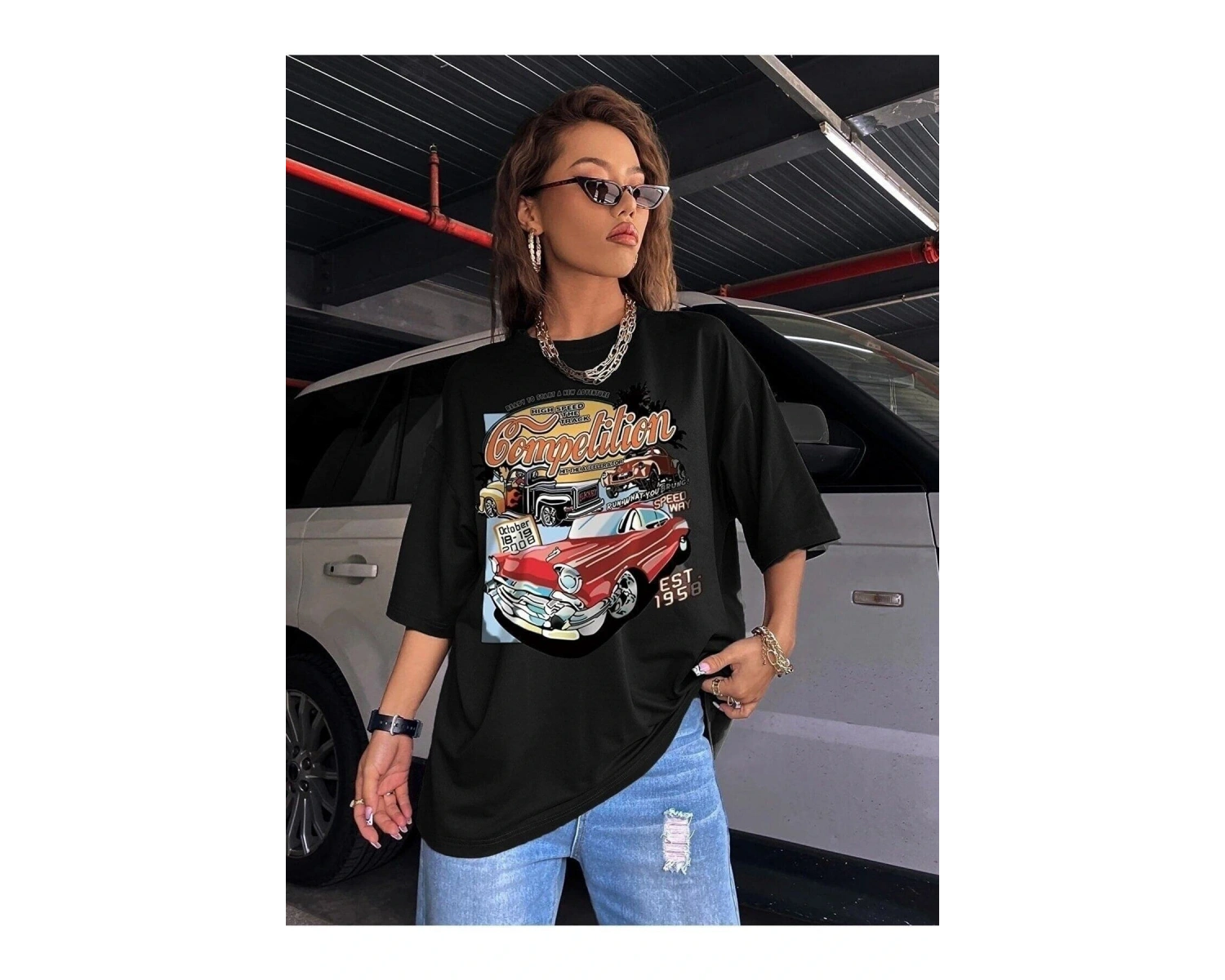 Kadın Siyah Compeltition Baskılı Oversize T-shirt