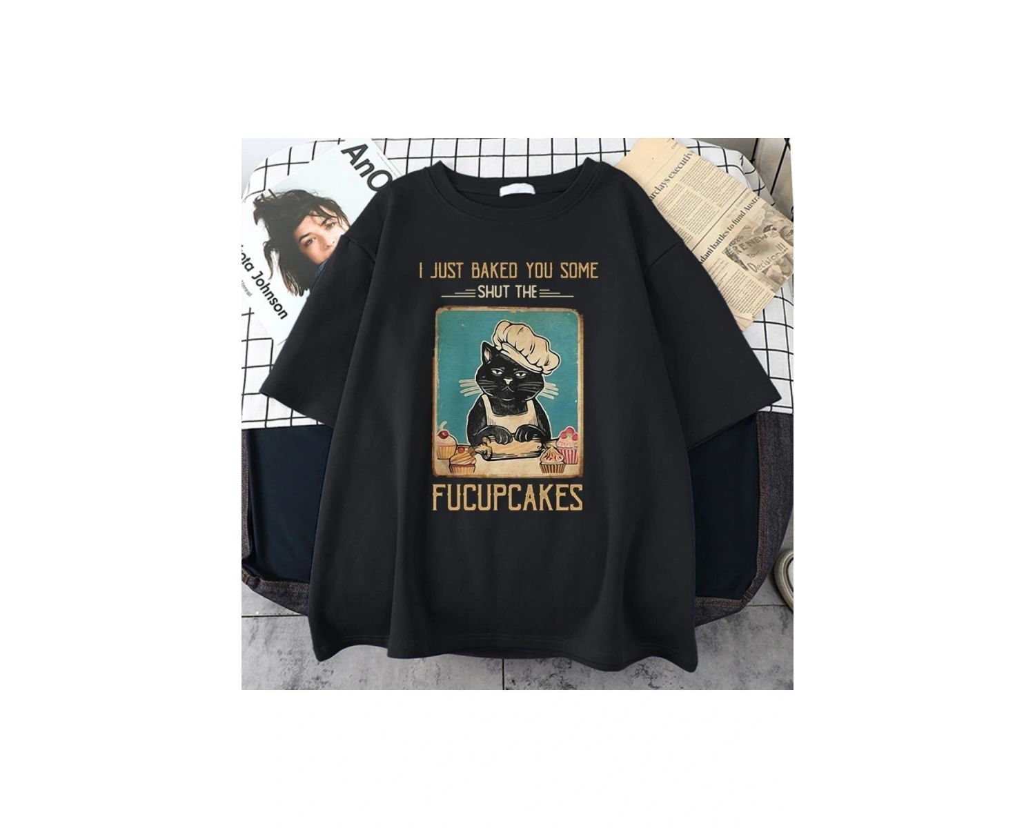 Kadın Siyah Fucupcakes Baskılı Oversize Bisiklet Yaka Tshirt