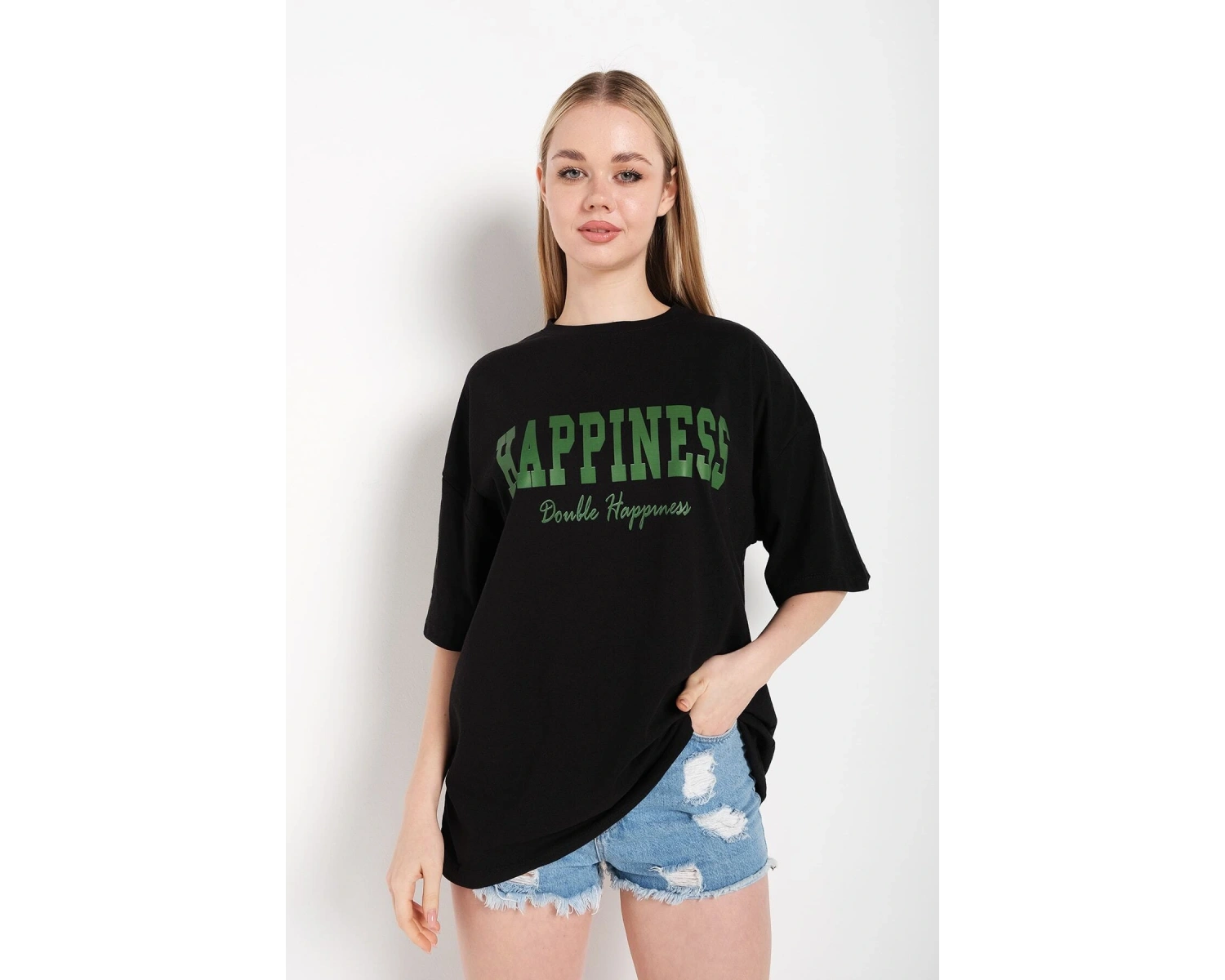 Kadın Siyah Happıness Baskılı Oversize Tshirt