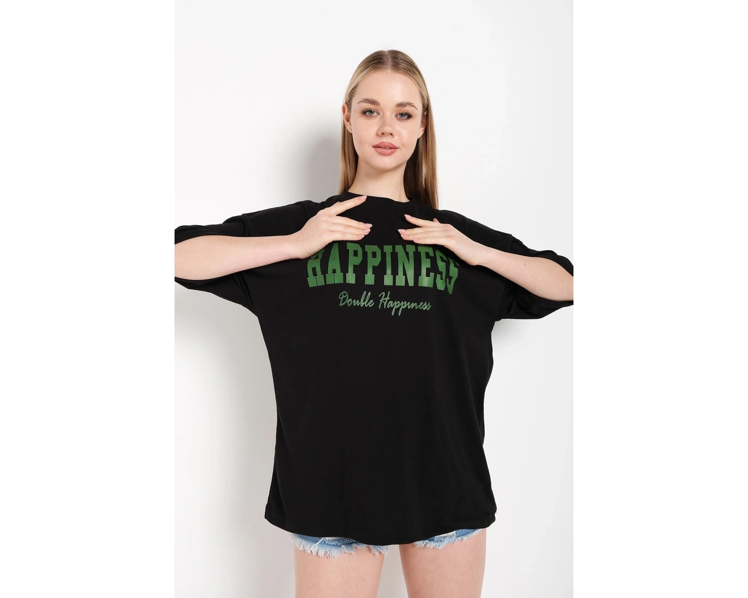 Kadın Siyah Happıness Baskılı Oversize Tshirt