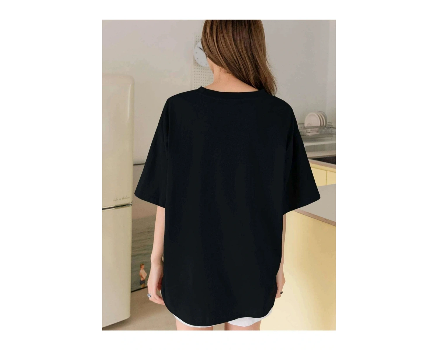 Kadın Siyah Holıday Baskılı Oversize Bisiklet Yaka Tshirt