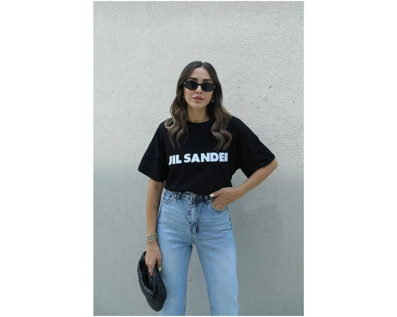 Kadın Siyah Jıl Sander Baskılı Oversize Bisiket Yaka Tişört