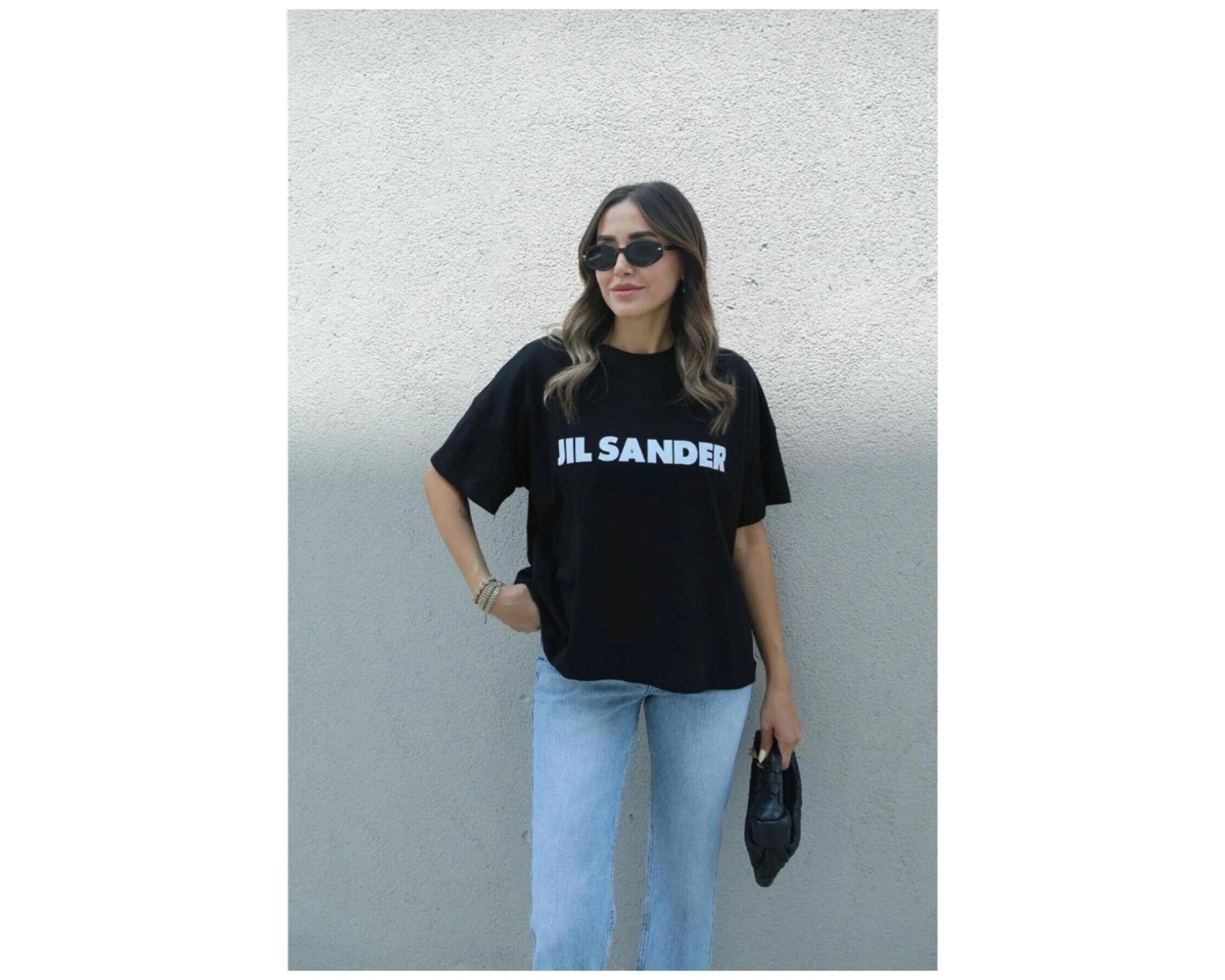 Kadın Siyah Jıl Sander Baskılı Oversize Bisiket Yaka Tişört