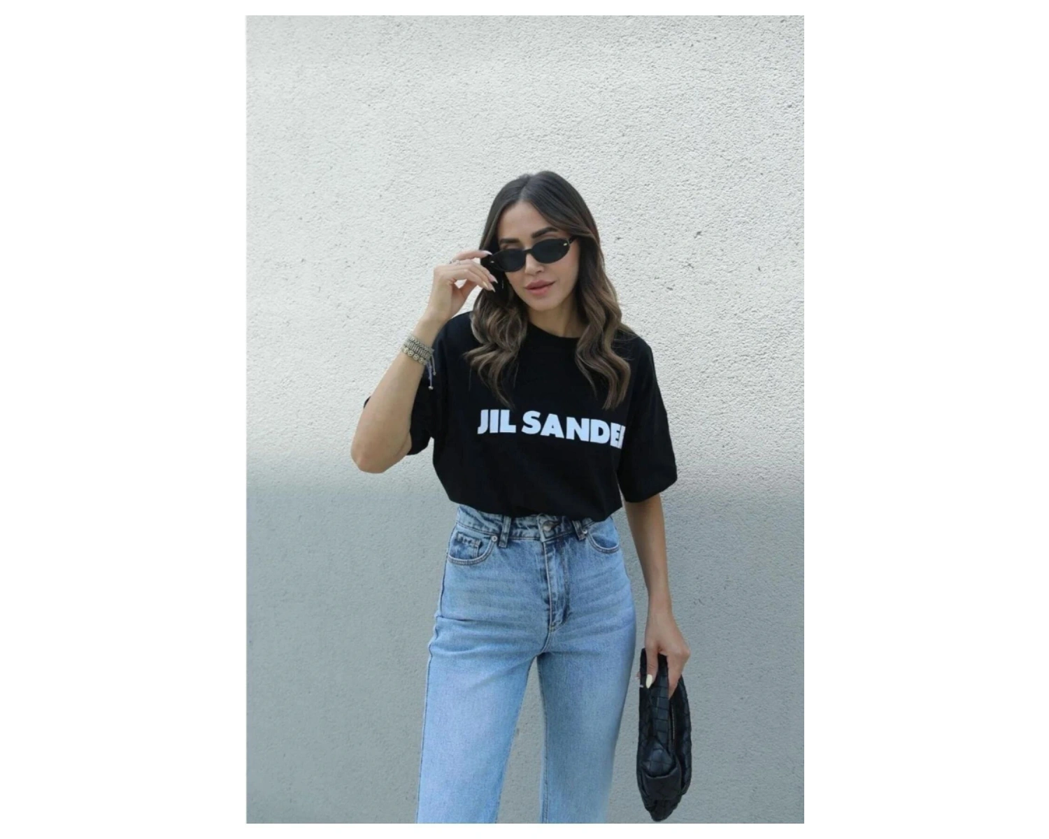 Kadın Siyah Jıl Sander Baskılı Oversize Bisiket Yaka Tişört