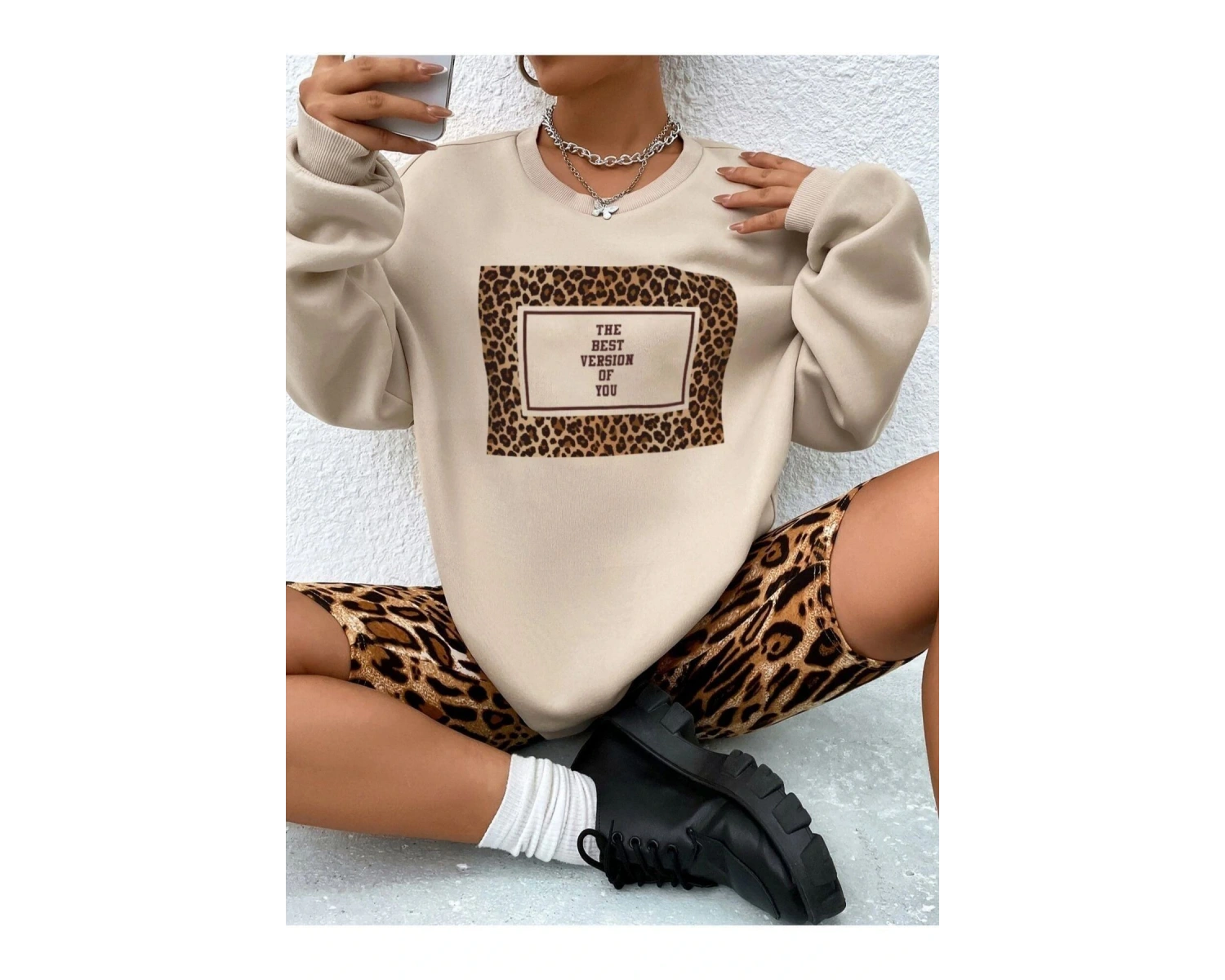 Kadın Siyah Leopar Oversize Bisiklet Yaka Sweatshirt Leoparsweat