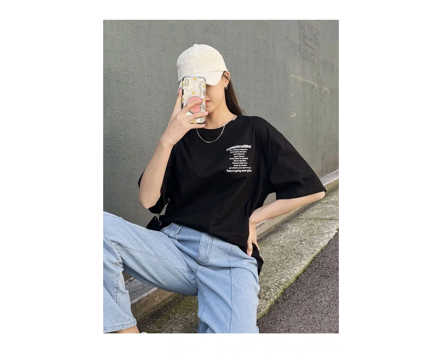 Kadın Siyah Nothing For Nothing Baskılı Oversize T-shirt