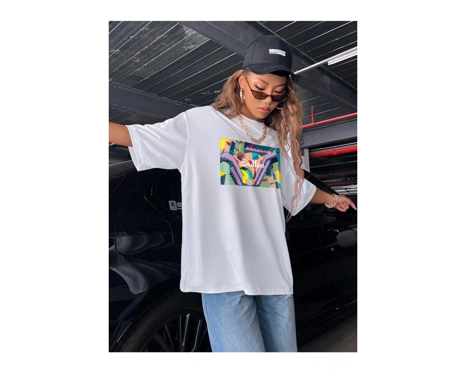 Kadın Siyah Oversize %100 Pamuk Endless Baskılı T-shirt