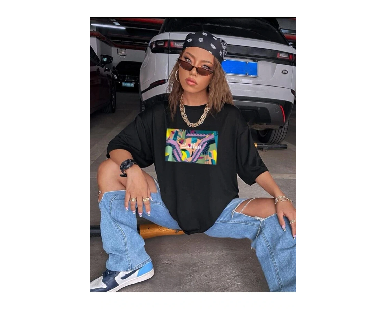 Kadın Siyah Oversize %100 Pamuk Endless Baskılı T-shirt